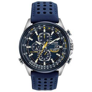 Citizen Mens World Chronograph Eco-Drive Blue Leather Watch 43 MM AT8020-03L
